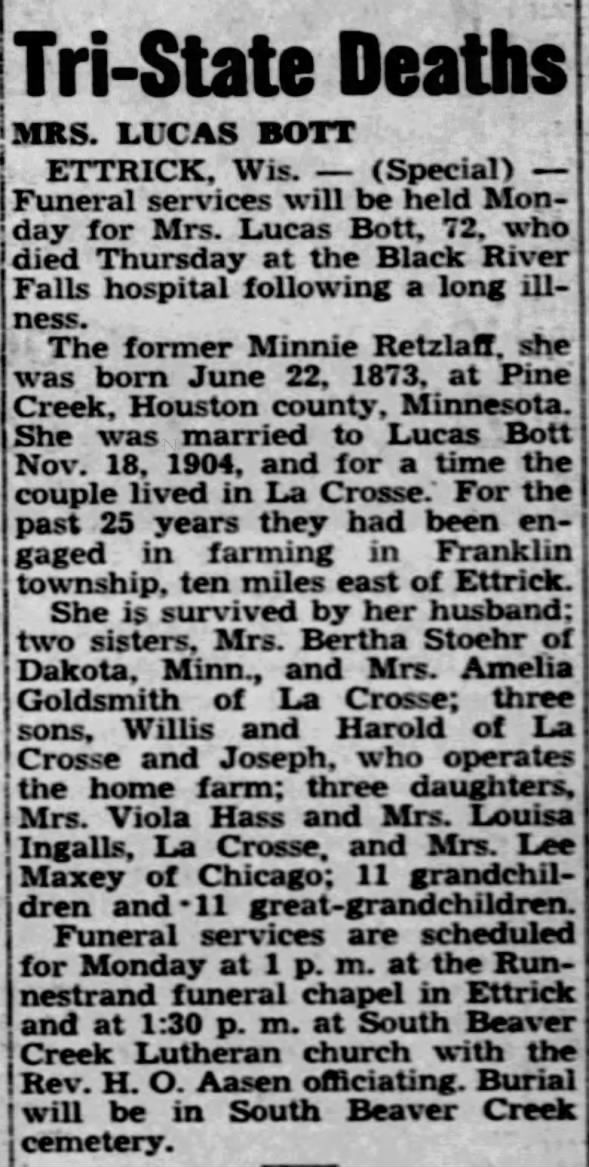 Minnie (Retzlaff) Bott Obituary